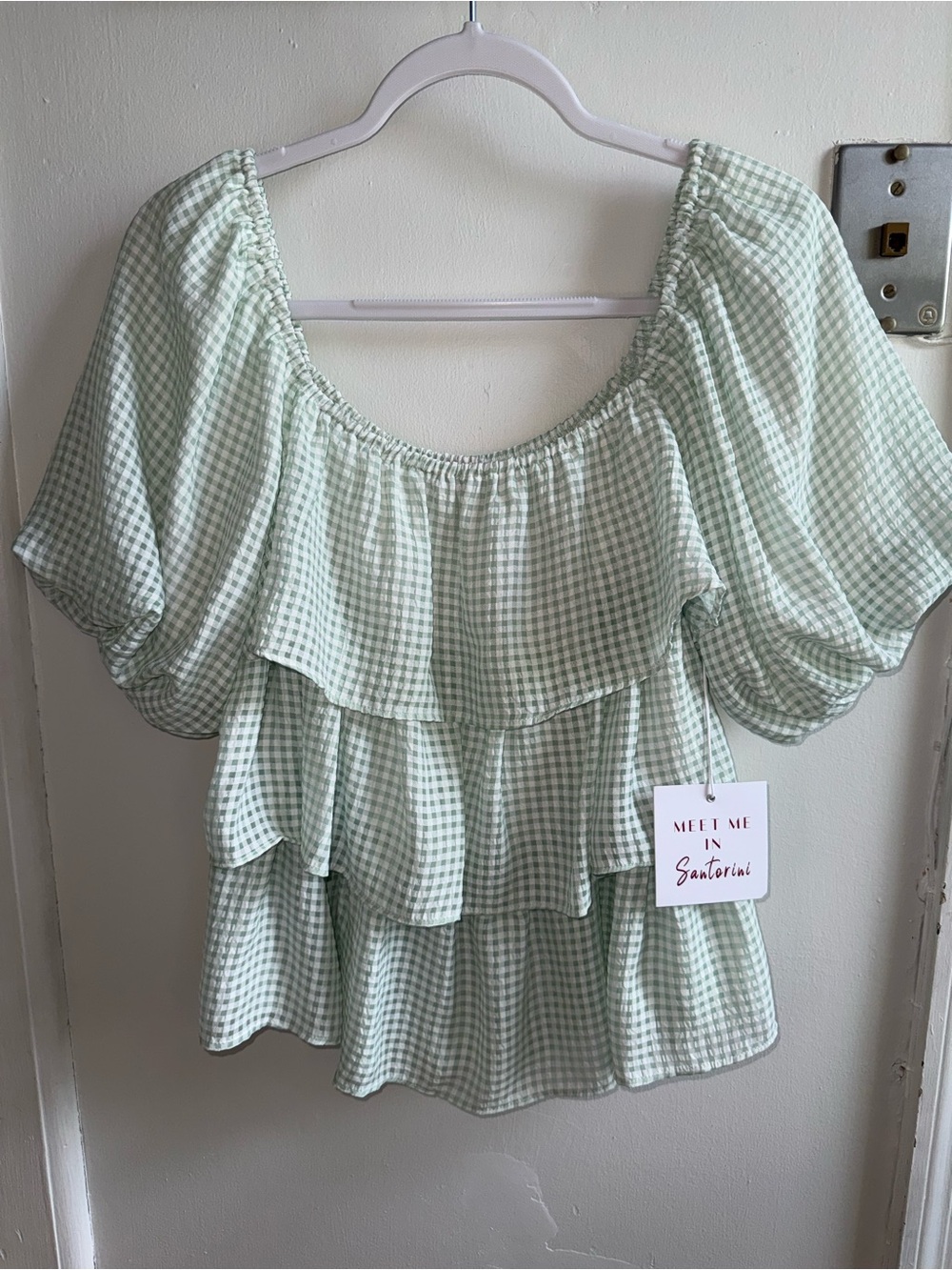 ✨ NWT Meet Me In Santorini Green Gingham Ruffle Puff Sleeve Top XS
